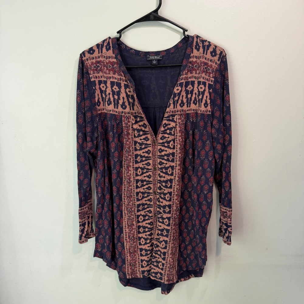 Lucky Brand Navy Pink Ikat Print Button Front Long Sleeve Tunic‎ Blouse Large